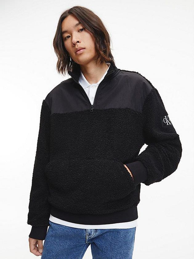 Black Calvin Klein Relaxed Sherpa Zip Neck Jumper Men Sweater | PSOB-24351