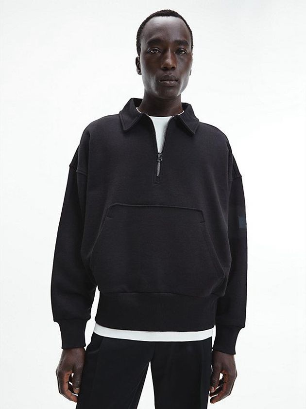 Black Calvin Klein Relaxed Zip Collar Men Sweatshirt | HGPN-62504