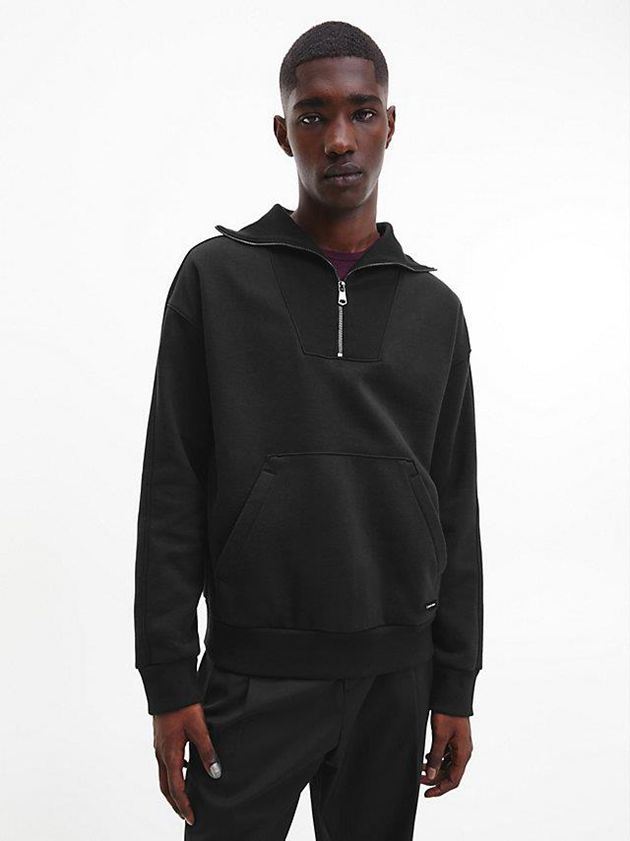 Black Calvin Klein Relaxed Zip Neck Fleece Men Sweatshirt | HYCF-75096