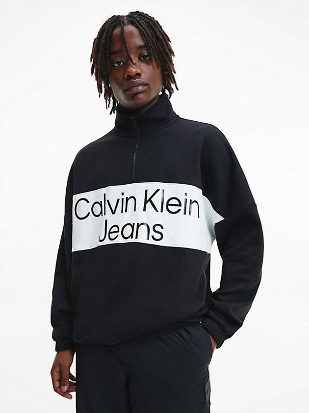 Black Calvin Klein Relaxed Zip Neck Men Sweatshirt | VXJL-16935