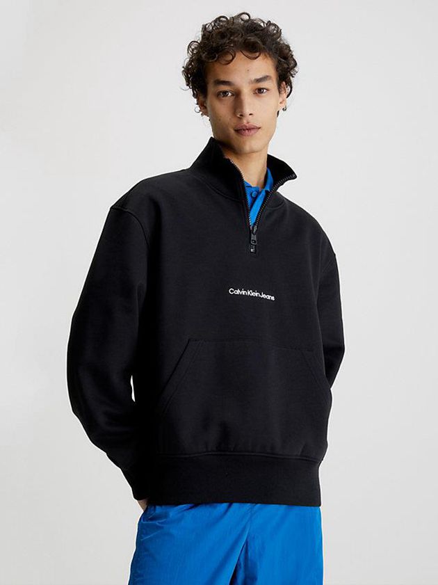 Black Calvin Klein Relaxed Zip Neck Men Sweatshirt | FHTQ-41209