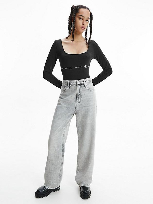 Black Calvin Klein Repeat Logo Long Sleeve Women Bodysuit | OJFX-46857