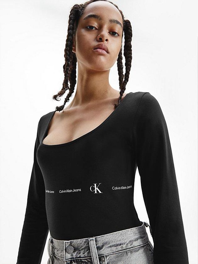 Black Calvin Klein Repeat Logo Long Sleeve Women Bodysuit | OJFX-46857