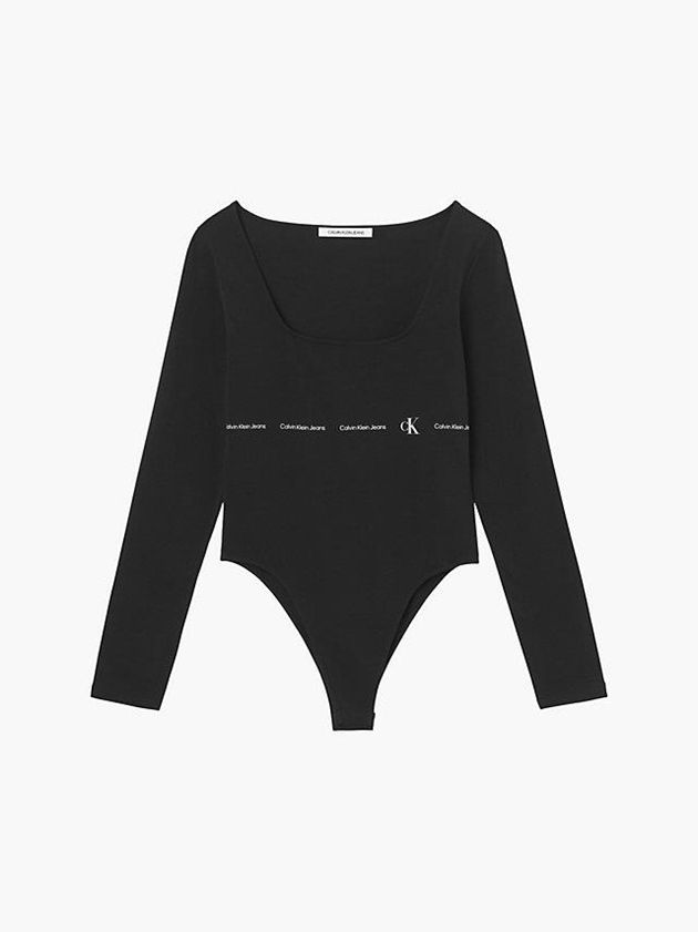 Black Calvin Klein Repeat Logo Long Sleeve Women Bodysuit | OJFX-46857