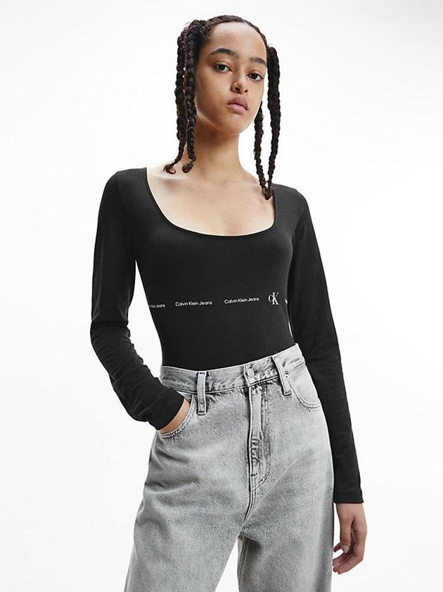 Black Calvin Klein Repeat Logo Long Sleeve Women Bodysuit | OJFX-46857