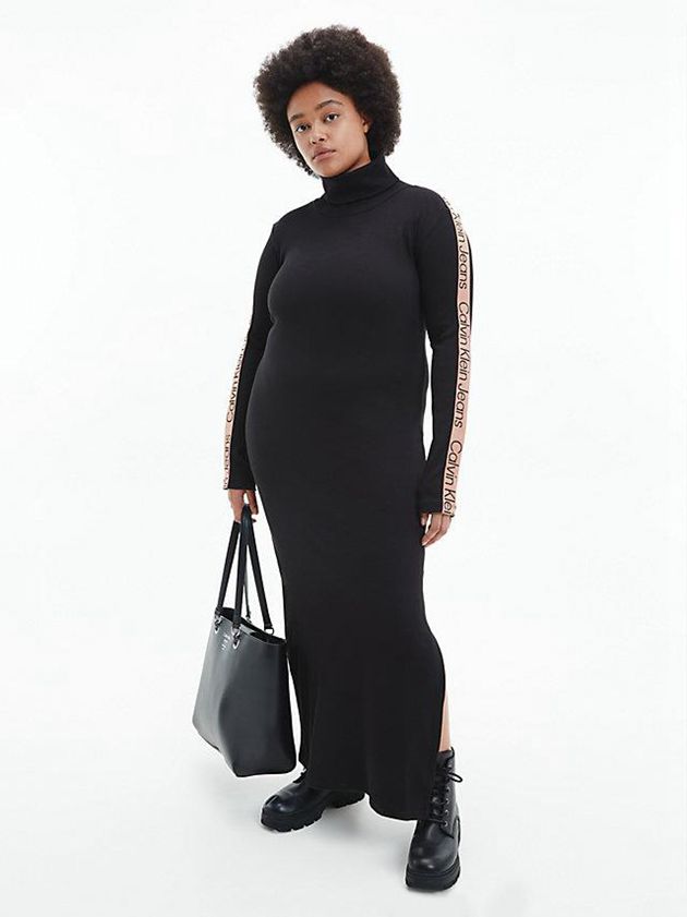 Black Calvin Klein Rib-Knit Logo Tape Maxi Women Dress | SITY-41238