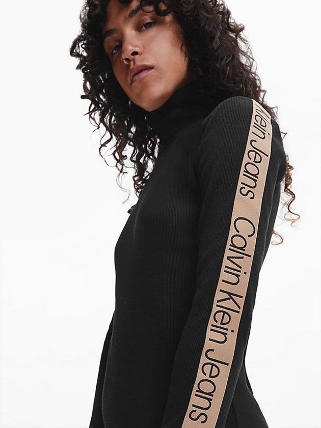 Black Calvin Klein Rib-Knit Logo Tape Maxi Women Dress | SITY-41238