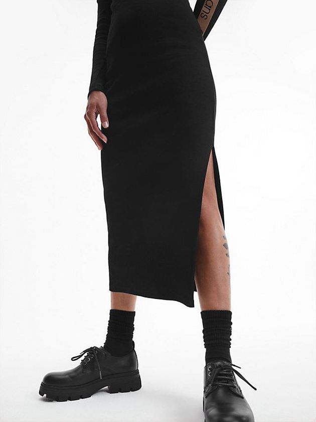 Black Calvin Klein Rib-Knit Logo Tape Maxi Women Dress | SITY-41238