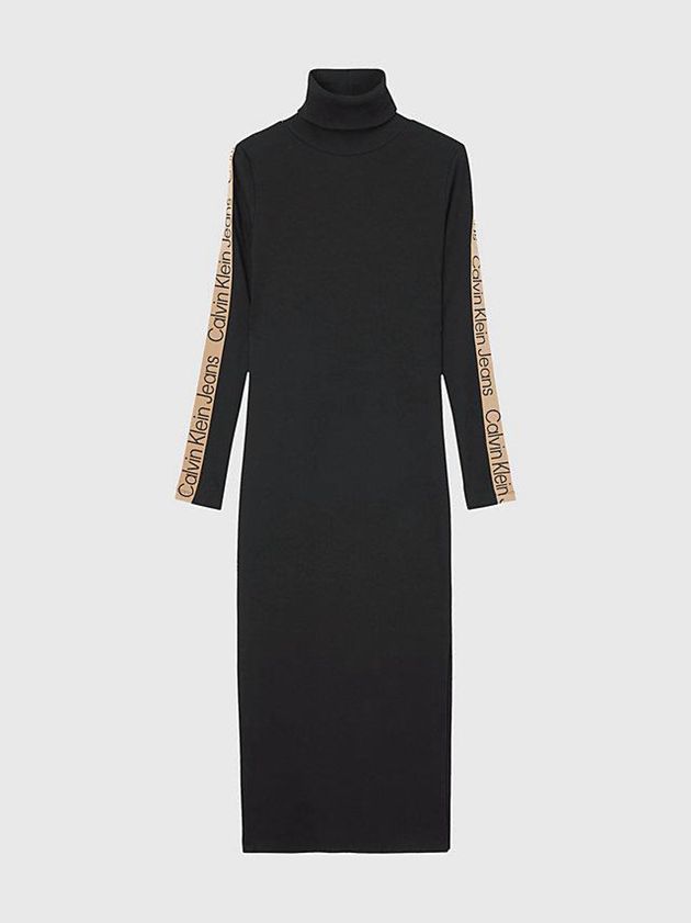 Black Calvin Klein Rib-Knit Logo Tape Maxi Women Dress | SITY-41238