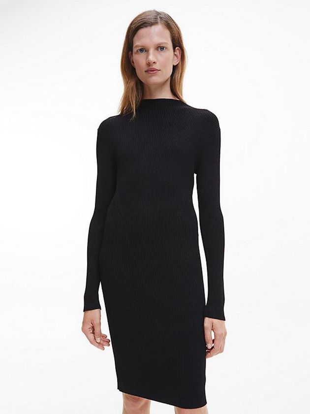 Black Calvin Klein Ribbed Bodycon Women Dress | WDVZ-98367