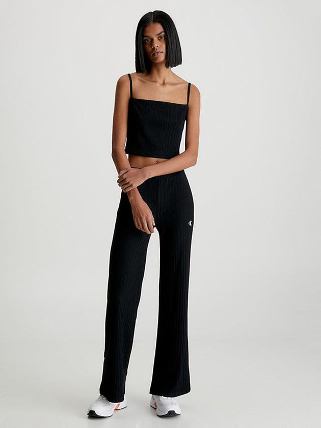Black Calvin Klein Ribbed Jersey Flared Women Pants | INOP-80347