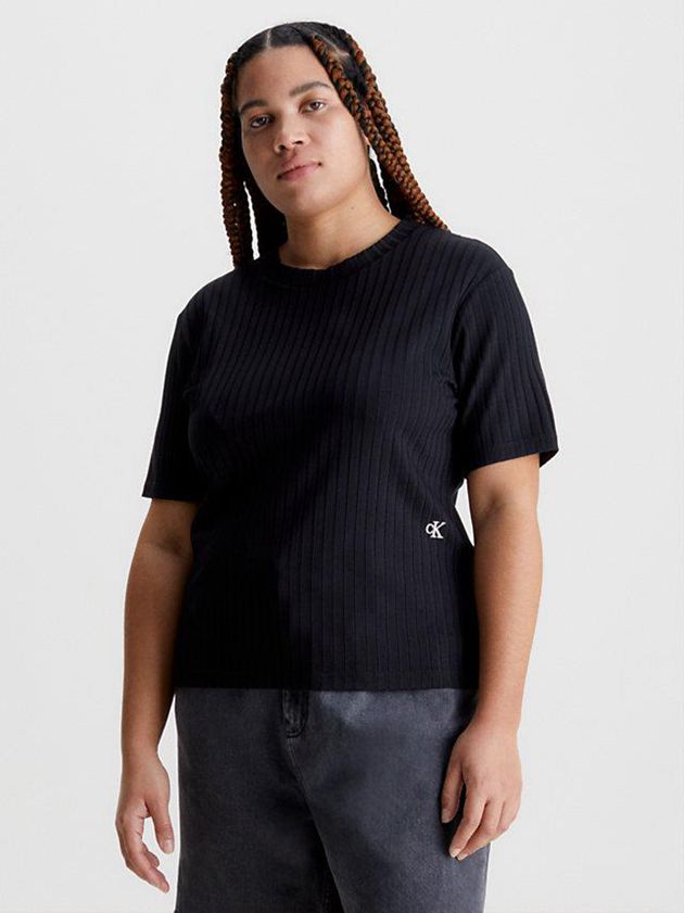Black Calvin Klein Ribbed Jersey Women T-Shirt | OXPF-51093