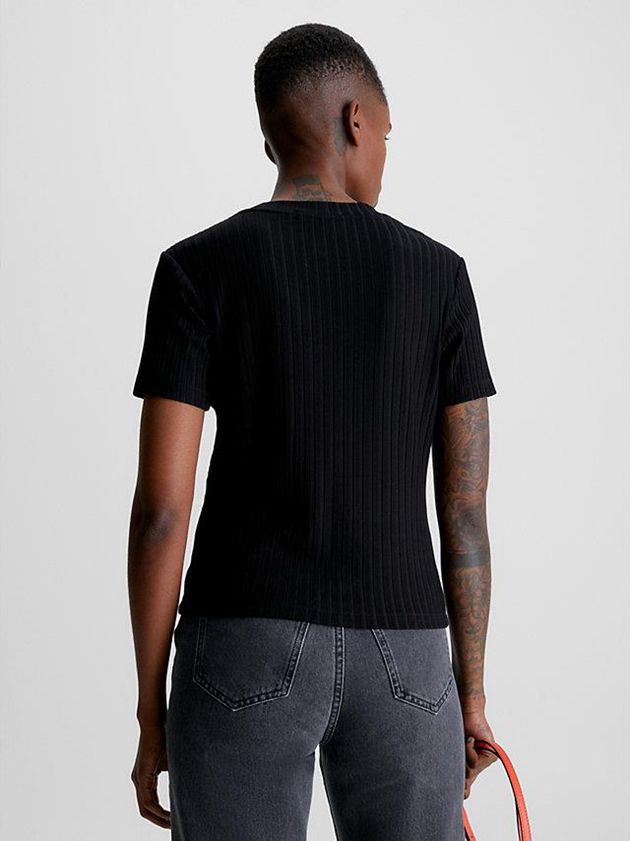 Black Calvin Klein Ribbed Jersey Women T-Shirt | OXPF-51093