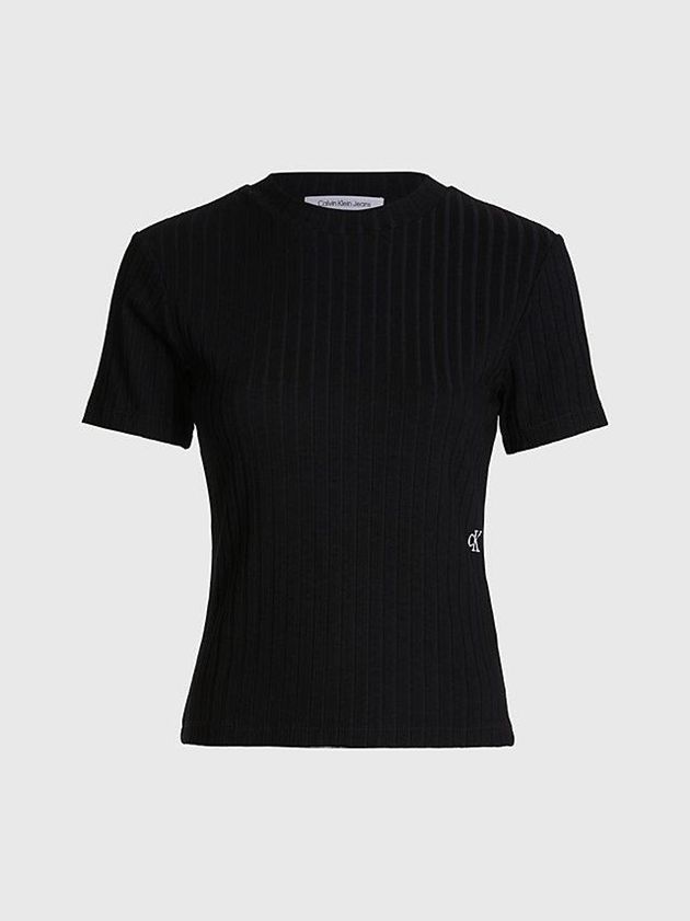 Black Calvin Klein Ribbed Jersey Women T-Shirt | OXPF-51093