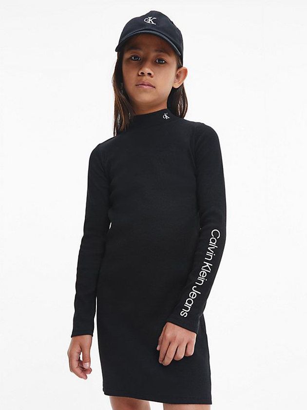 Black Calvin Klein Ribbed Logo Girls's Dress | NETK-20716