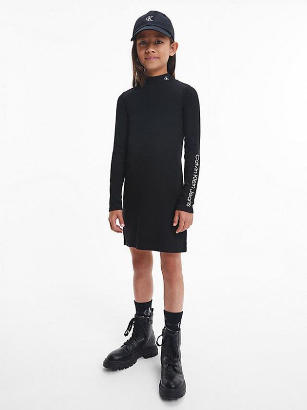 Black Calvin Klein Ribbed Logo Girls\'s Dress | NETK-20716