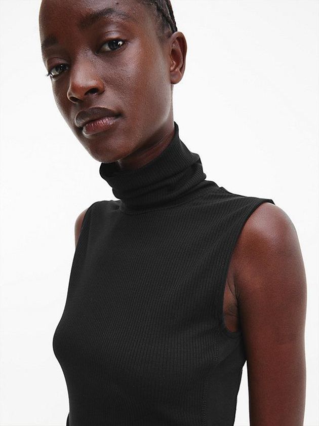 Black Calvin Klein Ribbed Roll Neck Tank Women Top | NTUA-29175