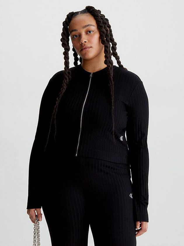 Black Calvin Klein Ribbed Zip-Through Cardigan Women Sweater | WKAN-06397