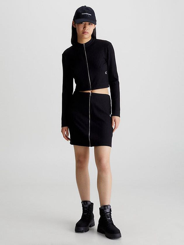 Black Calvin Klein Ribbed Zip-Through Mini Women Skirt | SYCM-14590