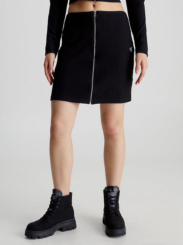 Black Calvin Klein Ribbed Zip-Through Mini Women Skirt | SYCM-14590