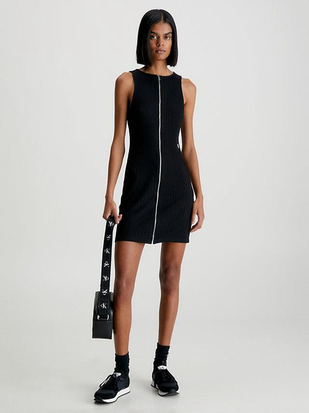 Black Calvin Klein Ribbed Zip-Through Mini Women Dress | BNYJ-95823