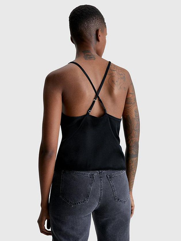 Black Calvin Klein Satin Cross Back Cami Women Top | OECT-01587