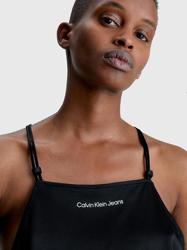 Black Calvin Klein Satin Cross Back Cami Women Top | OECT-01587