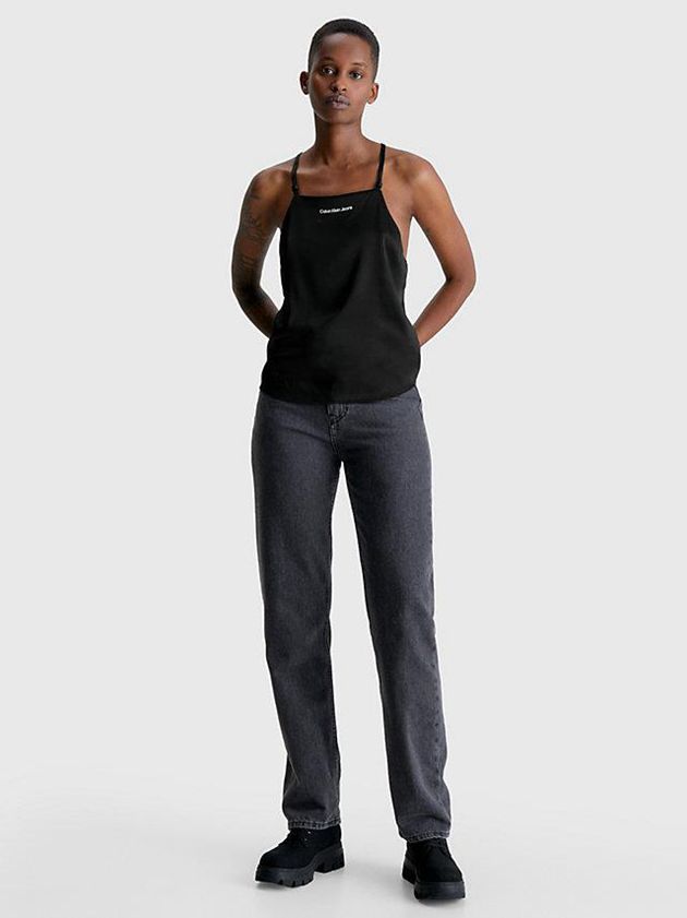 Black Calvin Klein Satin Cross Back Cami Women Top | OECT-01587