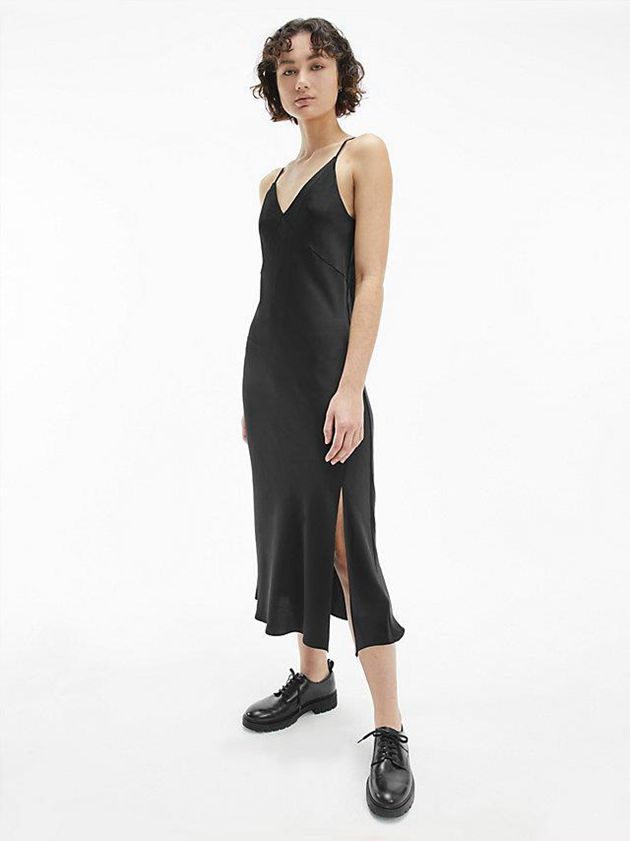 Black Calvin Klein Satin Midi Slip - CK Silhouettes Women Dress | JMRV-25931