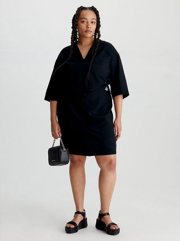 Black Calvin Klein Seersucker Cut Out Shirt Women Dress | INVU-14350