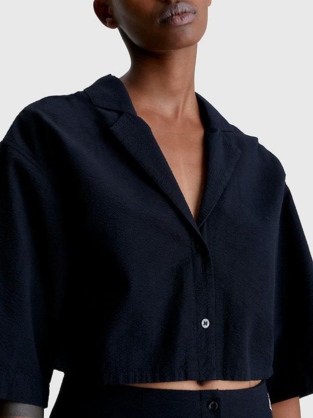 Black Calvin Klein Seersucker Cut Out Shirt Women Dress | INVU-14350