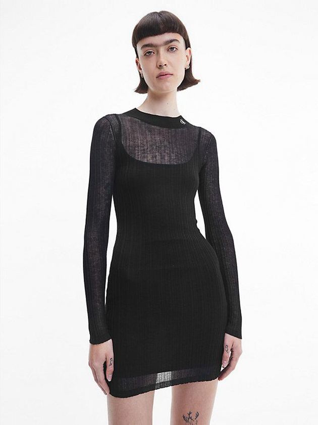 Black Calvin Klein Sheer Knit Double Layer Midi Women Dress | AGUT-98173