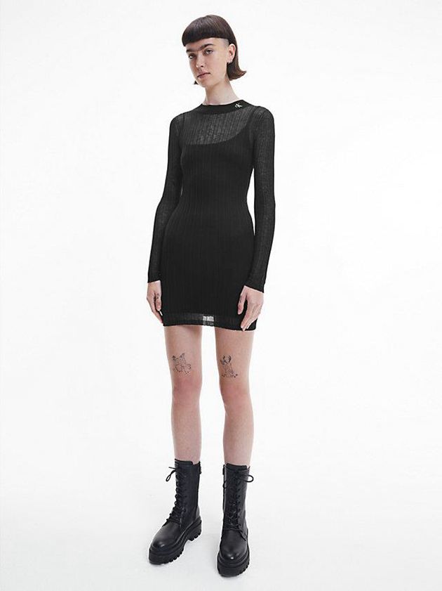 Black Calvin Klein Sheer Knit Double Layer Midi Women Dress | AGUT-98173