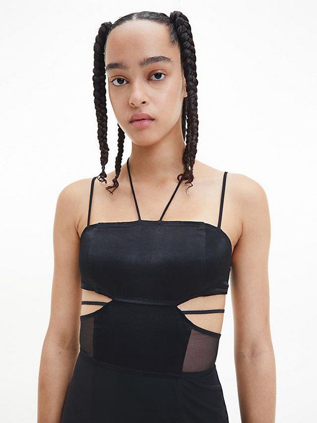 Black Calvin Klein Sheer Panel Bodycon Midi Women Dress | XDYG-21850