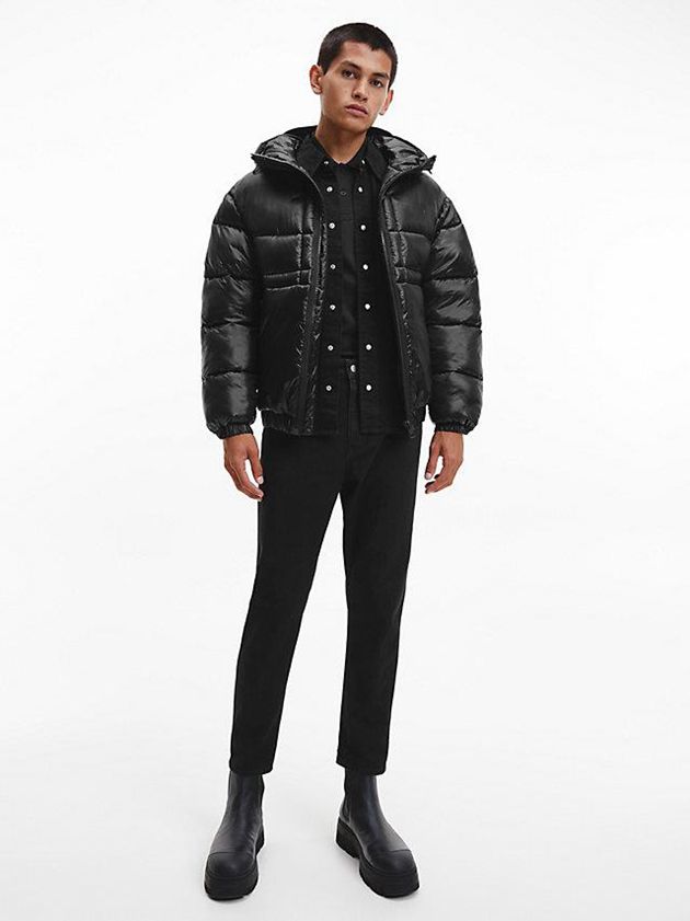 Black Calvin Klein Shiny Recycled Nylon Puffer Men Jacket | EFKD-74593
