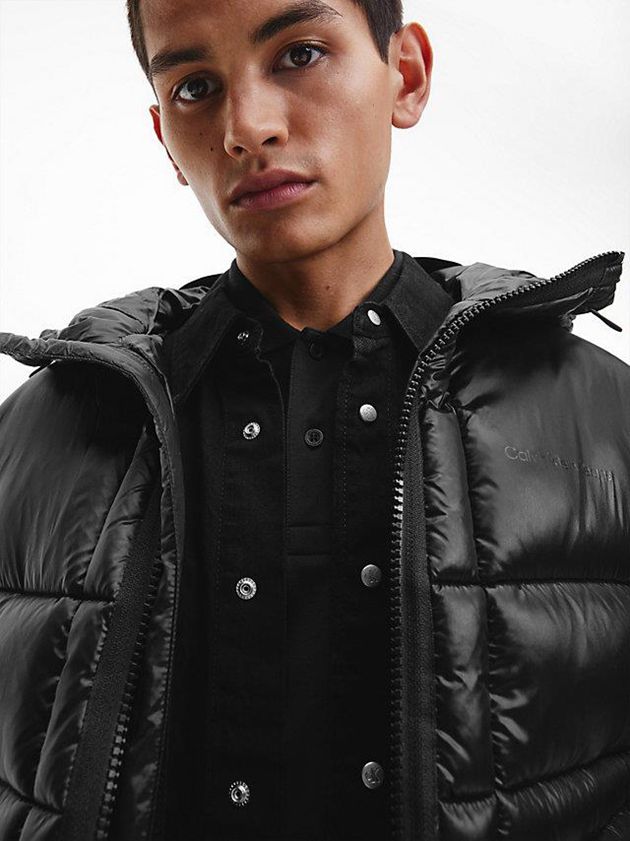 Black Calvin Klein Shiny Recycled Nylon Puffer Men Jacket | EFKD-74593