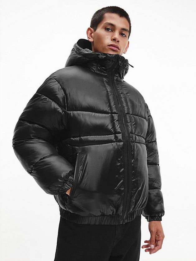 Black Calvin Klein Shiny Recycled Nylon Puffer Men Jacket | EFKD-74593