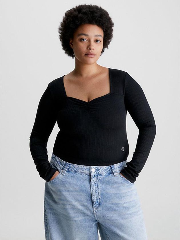Black Calvin Klein Shiny Rib Long Sleeve Women Bodysuit | PTVL-40318