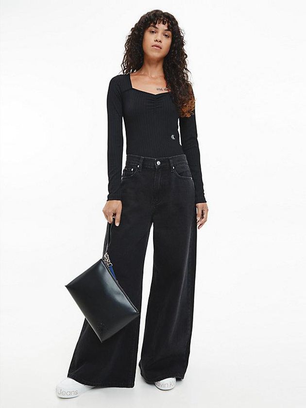 Black Calvin Klein Shiny Rib Long Sleeve Women Bodysuit | PTVL-40318