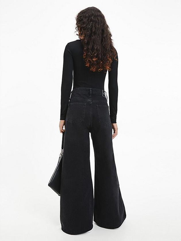 Black Calvin Klein Shiny Rib Long Sleeve Women Bodysuit | PTVL-40318