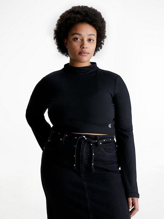 Black Calvin Klein Shiny Rib Long Sleeve Women Top | YXLS-21867