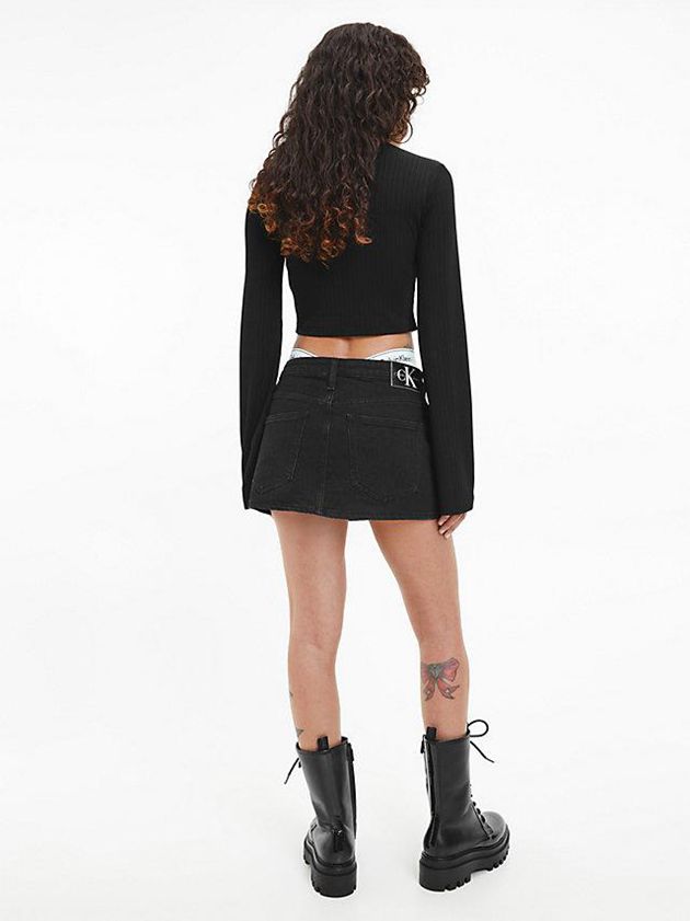 Black Calvin Klein Shiny Rib Long Sleeve Women Top | YXLS-21867