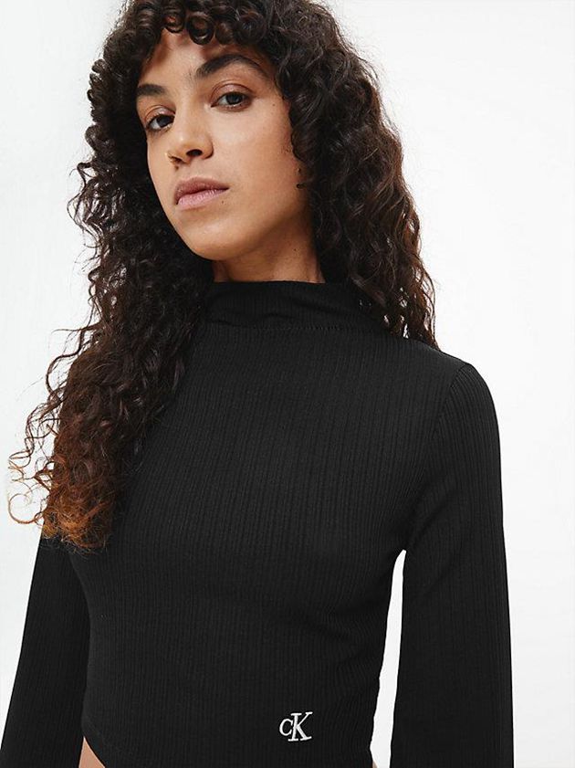 Black Calvin Klein Shiny Rib Long Sleeve Women Top | YXLS-21867