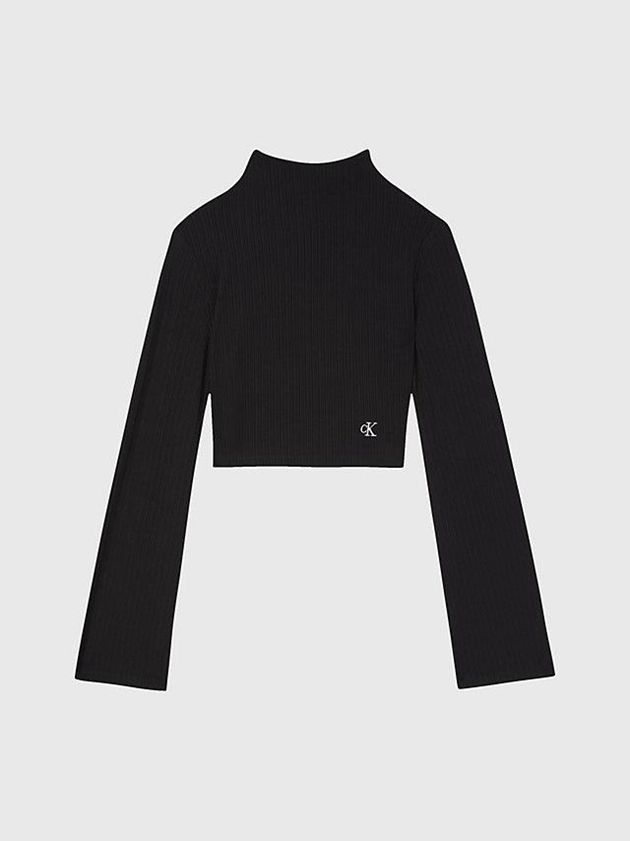 Black Calvin Klein Shiny Rib Long Sleeve Women Top | YXLS-21867