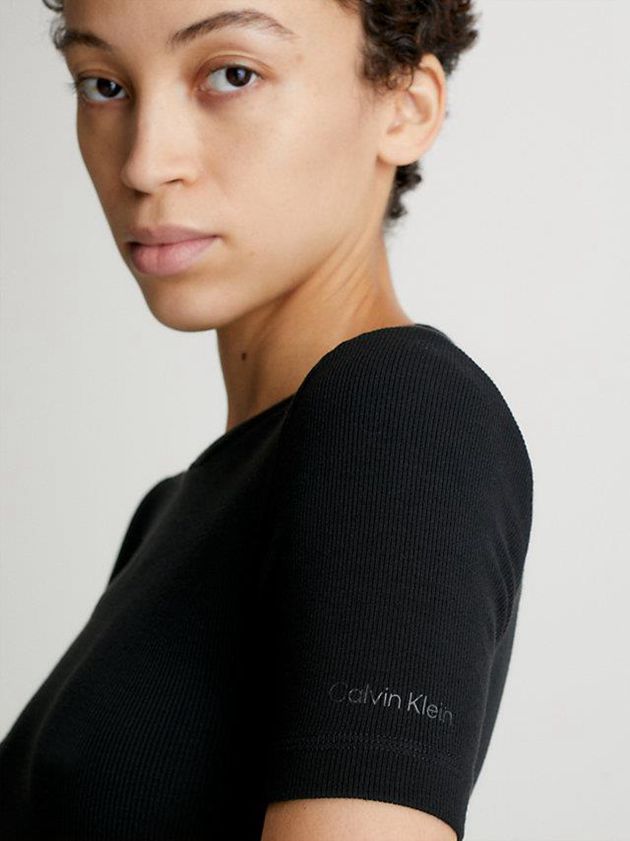Black Calvin Klein Skinny Modal Ribbed Women T-Shirt | KSJD-29506