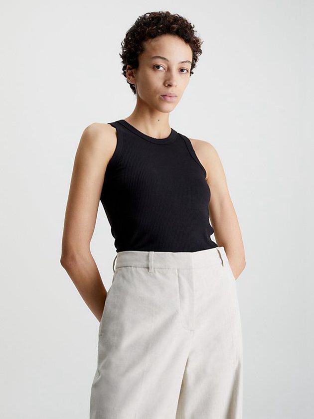 Black Calvin Klein Skinny Ribbed Fitted Tank Women Top | MCIE-80792