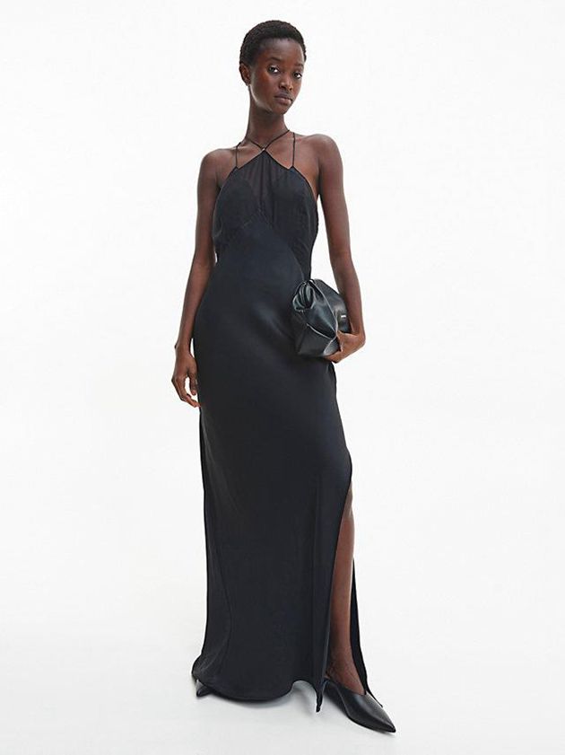 Black Calvin Klein Slim Chiffon Maxi Slip Women Dress | RKNL-16247