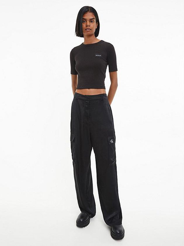 Black Calvin Klein Slim Cropped Badge Women T-Shirt | KHNS-04873