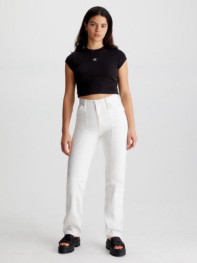 Black Calvin Klein Slim Cropped Ribbed Women T-Shirt | FECI-72160