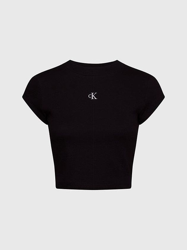 Black Calvin Klein Slim Cropped Ribbed Women T-Shirt | FECI-72160